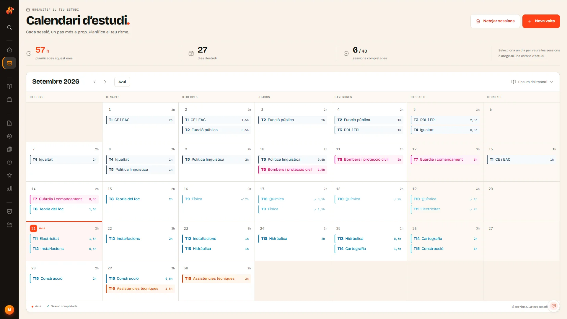 Calendari de Bombers On Fire amb sessions d’estudi organitzades per dia.