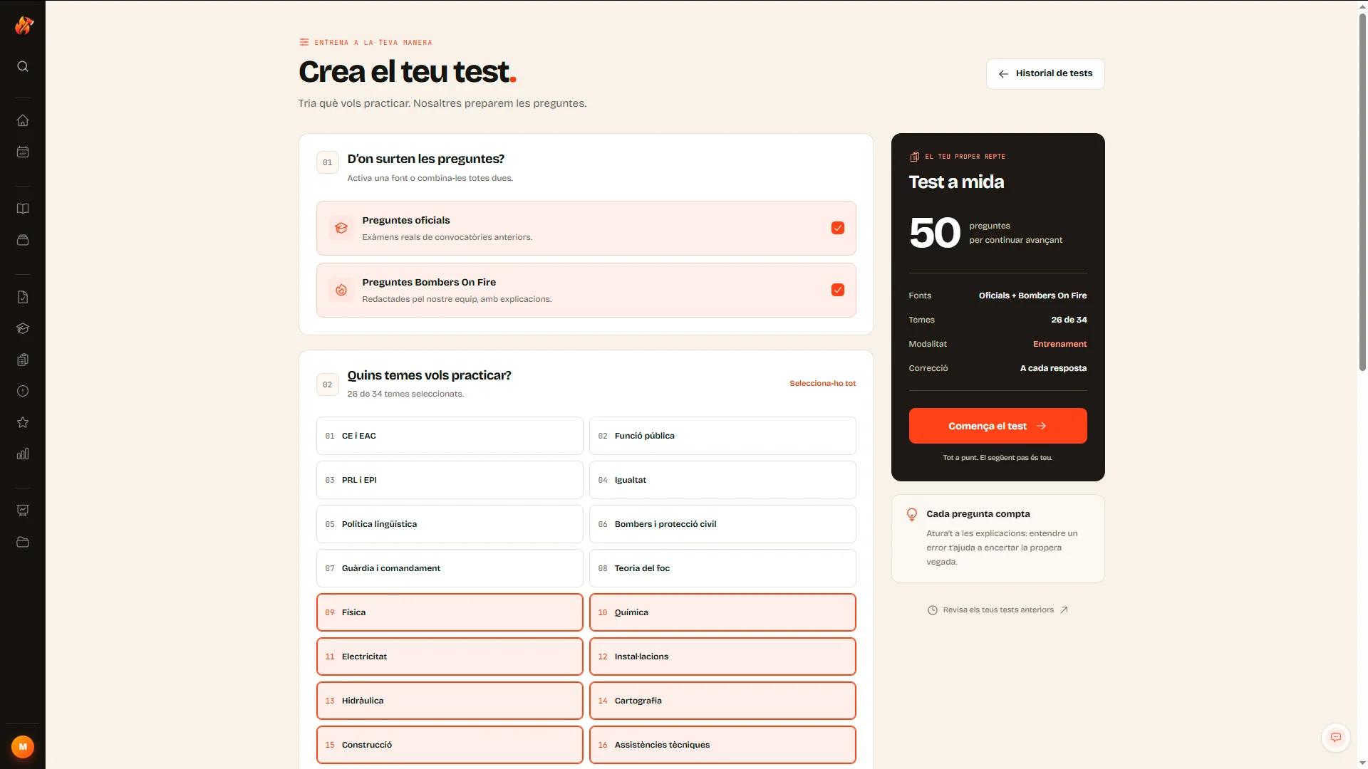 Configuració d’un test a mida per triar temes i preguntes.